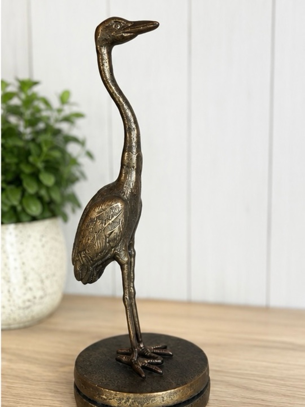 Bronze Finish Standing Crane Statue Brass Accent Bird Sculpture Coastal Home Dec